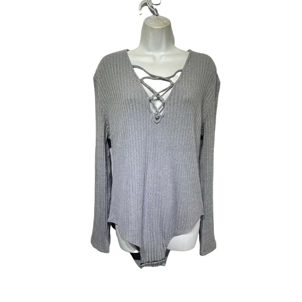 lookbook store gray ribbed Zipper Back Long Sleeve Deep V one piece bodysuit 14